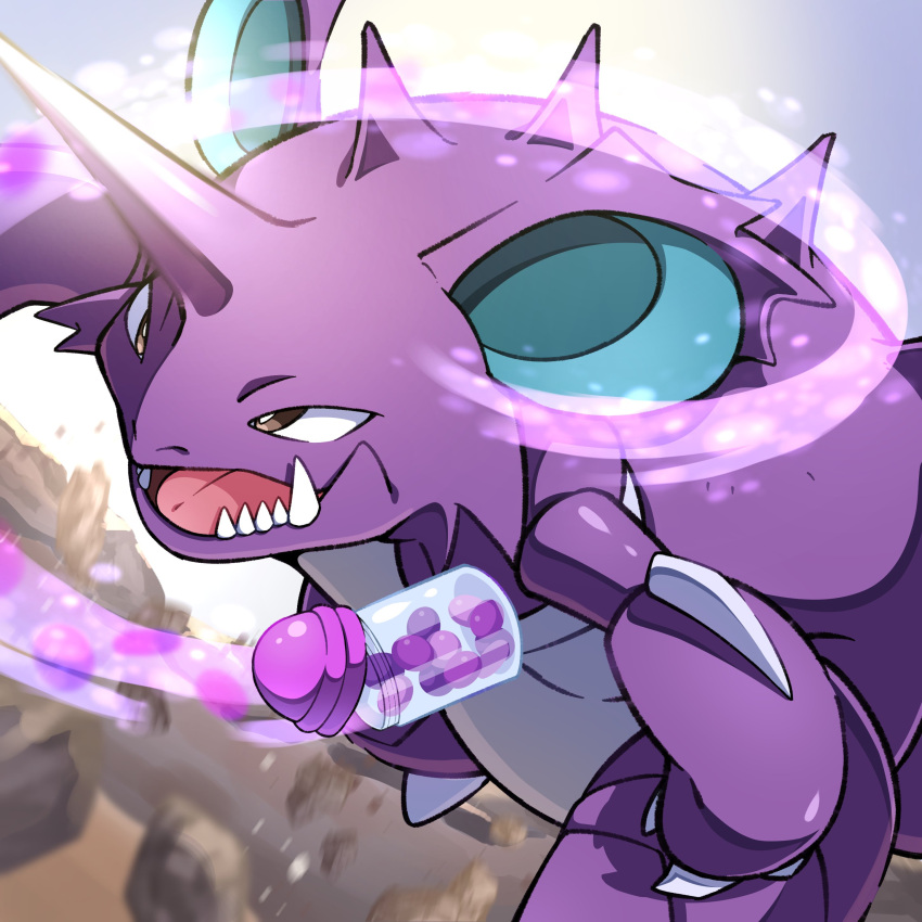 absurdres, blurry, bright_pupils, brown_eyes, claws, commentary_request, day, fangs, glowing, highres, horn_drill_(pokemon), horns, jar, nidoking, no_humans, open_mouth, outdoors, pokemon, pokemon_(creature), pon_yui, rock, single_horn, solo, spikes, tongue, white_pupils, x_accuracy