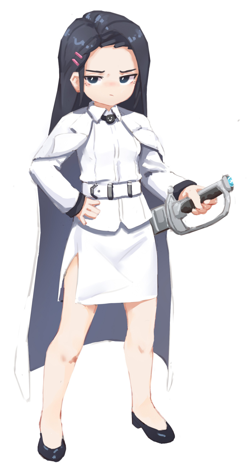 1girl, absurdres, aged_down, bare_legs, belt, black_eyes, black_footwear, black_hair