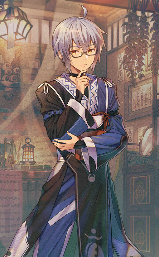 1boy, ahoge, black_sleeves, black_tabard, blue_kimono, chin, closed_mouth, finger_to_own_chin