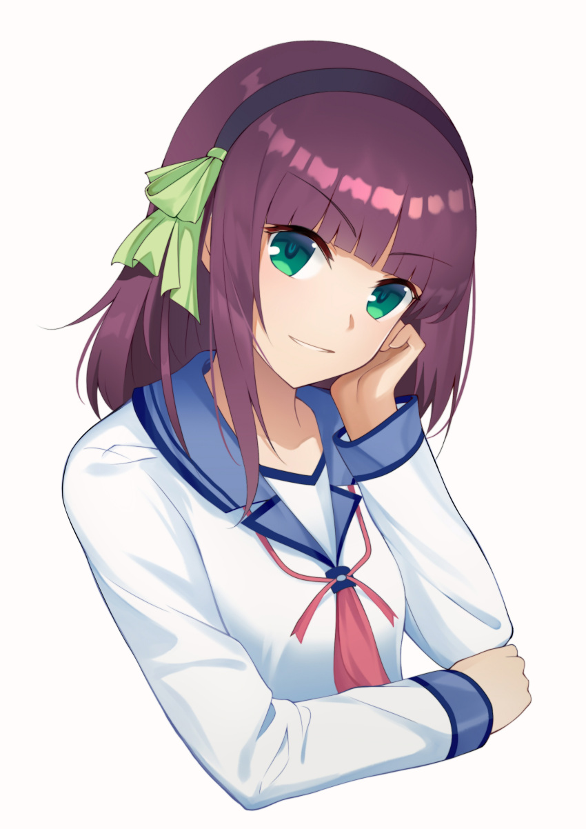 1girl, absurdres, angel_beats!, black_hairband, blue_sailor_collar, blunt_bangs, bow, chinese_commentary