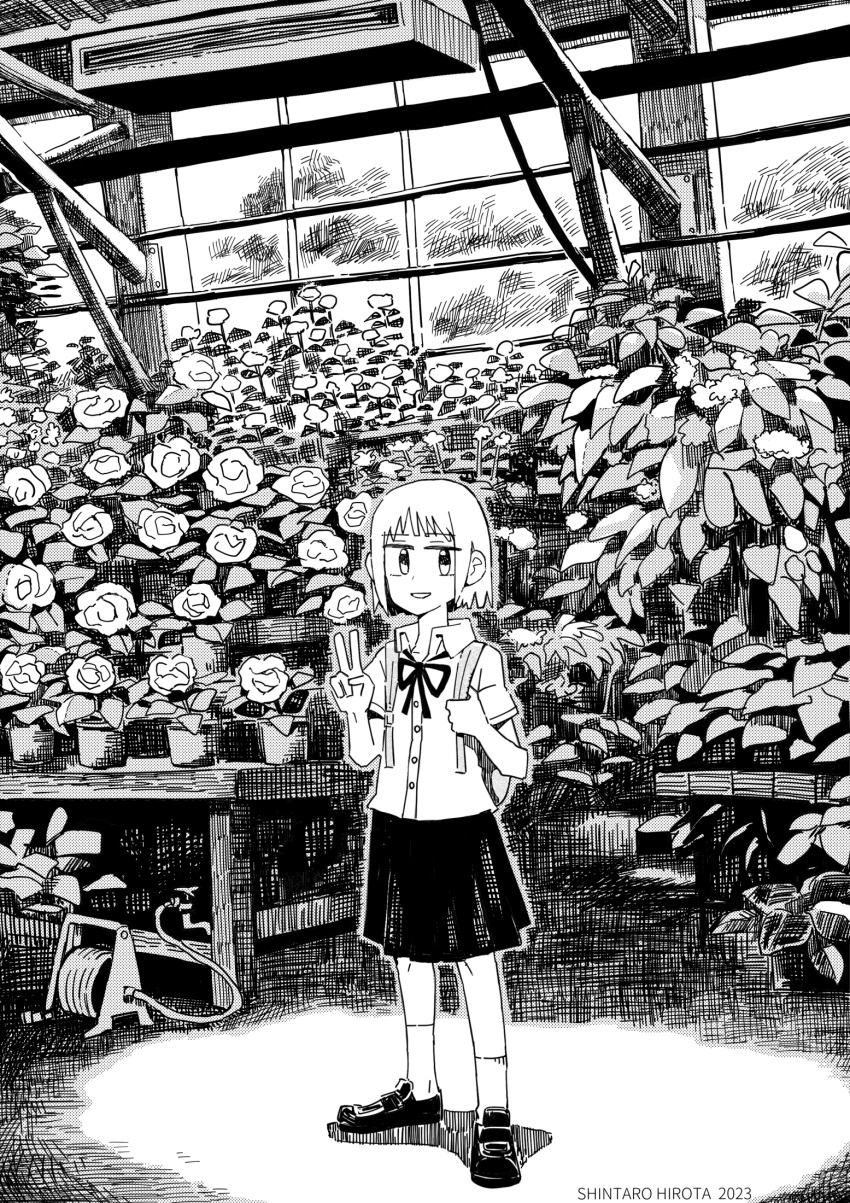 1girl, aremoyou, artist_name, backpack, bag, collared_shirt, commentary, crosshatching