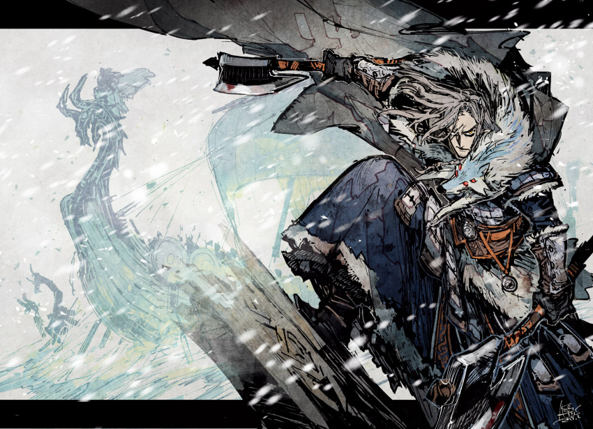 1boy, akagishi_k, armor, artist_name, axe, black_footwear, black_gloves, bracer, brown_eyes, brown_hair, coat, dated, dual_wielding, fur_trim, gloves, grey_background, highres, holding, long_hair, longboat, looking_at_viewer, outdoors, pelt, pixiv_fantasia, pixiv_fantasia_last_saga, sigtor_the_fang_axe, snow, solo, standing, wolf_pelt