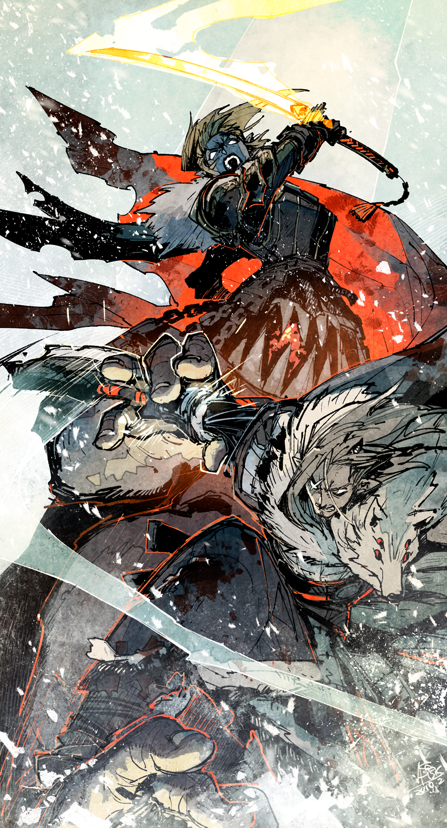 1boy, 1girl, adela_the_beast, akagishi_k, black_cape, brown_eyes, cape, chain