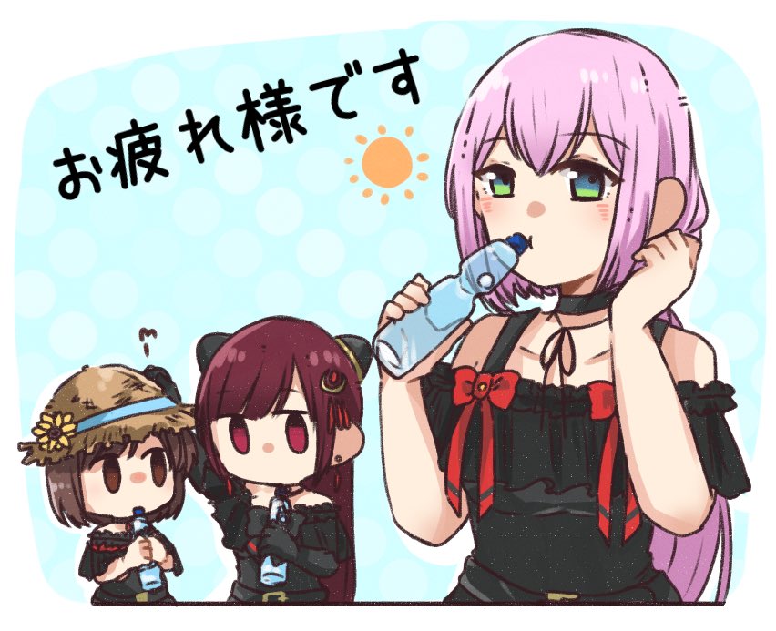 3girls, :t, =3, arm_up, assault_lily, bare_shoulders, belt, belt_buckle