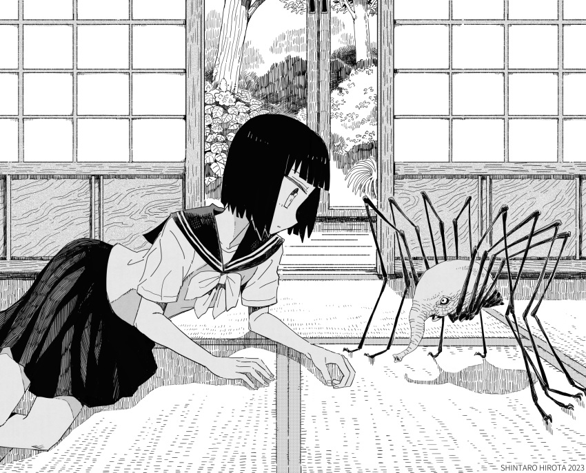 1girl, aremoyou, arm_support, blunt_bangs, bob_cut, bow, bowtie, bug