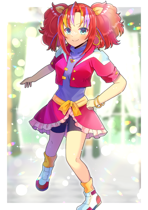 >:), 1girl, bike_shorts, black_shorts, blonde_hair, blue_eyes, blurry, blurry_background, blush, breasts, character_request, closed_mouth, commentary_request, cosplay, cropped_jacket, depth_of_field, doll_licca, doll_licca_(cosplay), earrings, frilled_skirt, frills, full_body, hair_ribbon, hoop_earrings, jacket, jewelry, kou_hiyoyo, looking_at_viewer, multicolored_hair, parted_bangs, puffy_short_sleeves, puffy_sleeves, purple_hair, purple_shirt, red_jacket, red_skirt, redhead, ribbon, shirt, shoes, short_sleeves, shorts, skirt, small_breasts, smile, socks, solo, streaked_hair, super_doll_licca-chan, twintails, v-shaped_eyebrows, white_footwear, yellow_ribbon, yellow_socks