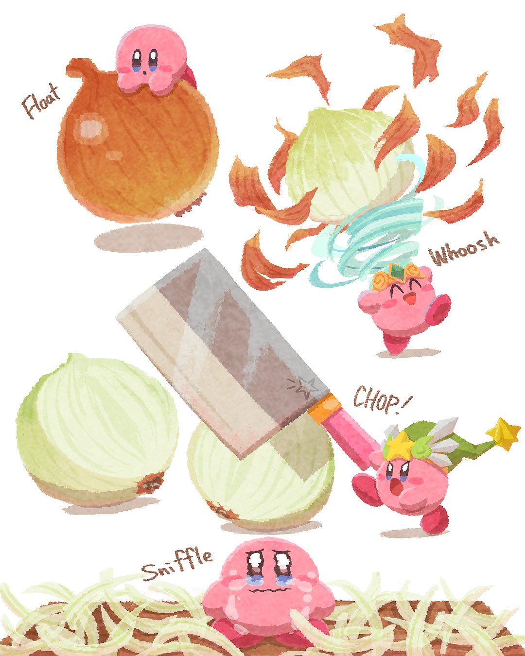 :d, :o, ^_^, arms_up, blue_eyes, blush, blush_stickers, closed_eyes, closed_mouth, commentary, copy_ability, crying, crying_with_eyes_open, cutting_board, cutting_onions, english_commentary, green_headwear, hat, highres, holding, holding_knife, kirby, kirby_(series), knife, looking_at_viewer, miclot, multiple_views, onion, open_mouth, simple_background, smile, sound_effects, star_(symbol), tears, tornado_kirby, ultra_sword, v-shaped_eyebrows, wavy_mouth, white_background, wind