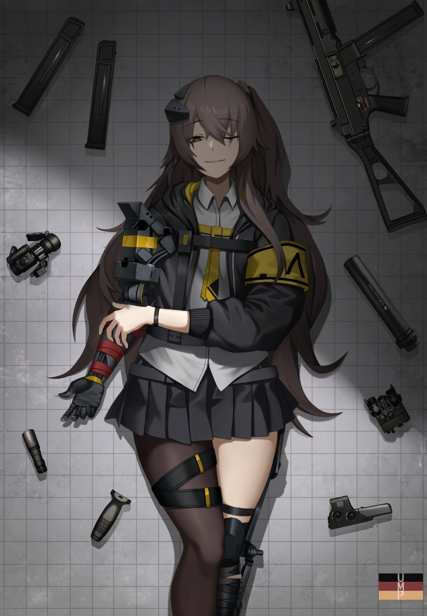 1girl, absurdres, asymmetrical_legwear, black_gloves, black_jacket, black_pantyhose, black_skirt, brown_eyes, brown_hair, cero_(last2stage), commission, german_flag, girls_frontline, gloves, gun, h&amp;k_ump, highres, jacket, long_sleeves, looking_at_viewer, lying, magazine_(weapon), necktie, on_back, one_eye_closed, optical_sight, pantyhose, prosthesis, prosthetic_arm, scar, scar_across_eye, shirt, single_glove, skirt, smile, solo, submachine_gun, thighs, ump45_(girls'_frontline), ump45_(mod3)_(girls'_frontline), weapon, white_shirt, yellow_armband, yellow_necktie