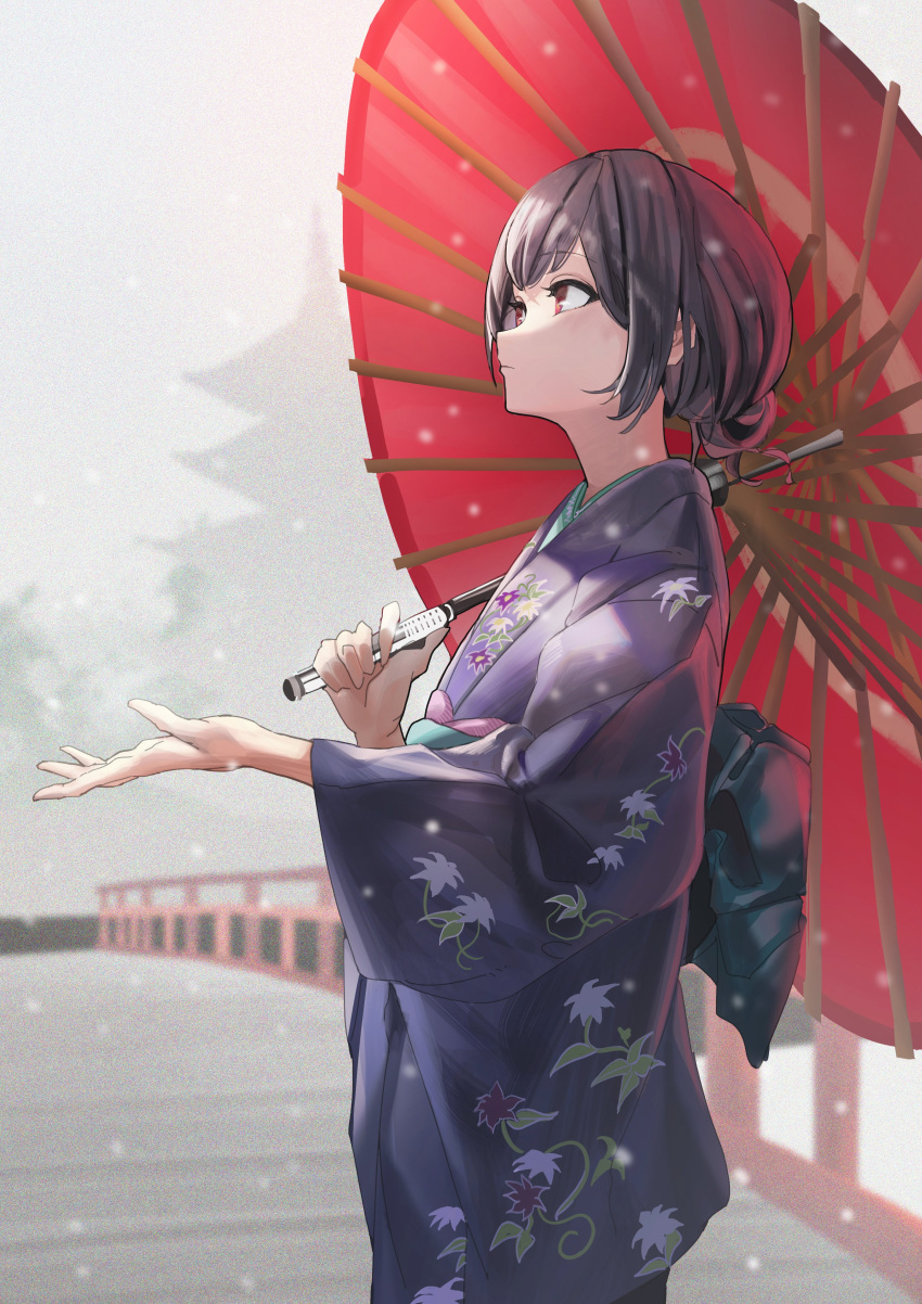 1girl, absurdres, architecture, blue_hair, bridge, dark_blue_hair, east_asian_architecture, ekitabu_hosii