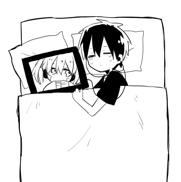 1boy, 1girl, =_=, bed, blanket, closed_eyes, closed_mouth, commentary