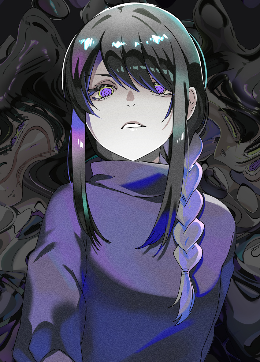 1girl, absurdres, black_hair, braid, braided_ponytail, chainsaw_man, distortion, grey_sweater, highres, looking_at_viewer, medium_hair, meltykiss0316, mitaka_asa, nayuta_(chainsaw_man), parted_lips, purple_theme, ringed_eyes, sidelocks, solo, sweater, violet_eyes, yoru_(chainsaw_man)