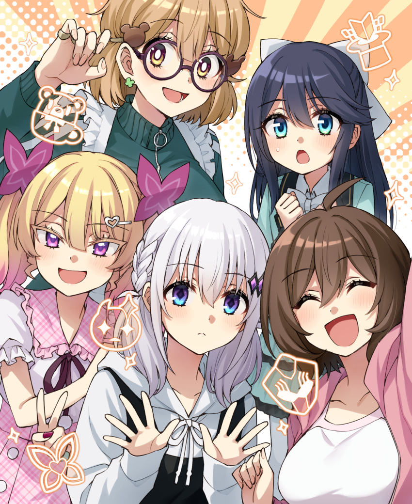 5girls, :d, ^_^, aida_elulu, apron, arm_up, bea_(houkago_sai_tensei!), bear_hair_ornament, black_apron, black_hair, blazer, blonde_hair, blue_eyes, blue_jacket, blush, bow, breasts, brown-framed_eyewear, brown_eyes, brown_hair, brown_ribbon, butterfly_hair_ornament, closed_eyes, collared_shirt, colored_eyelashes, commentary_request, frilled_shirt_collar, frills, glasses, green_jacket, grey_hair, hair_bow, hair_ornament, hairclip, halftone, halftone_background, highres, hood, hood_down, hooded_jacket, hoodie, houkago_sai_tensei!, jacket, kurami_utaho, large_breasts, melua_solaris, multiple_girls, neck_ribbon, pink_jacket, pink_skirt, plaid, plaid_skirt, ribbon, round_eyewear, school_uniform, seto_nico_(houkago_sai_tensei!), shirt, skirt, smile, somechime_(sometime1209), sunburst, sunburst_background, track_jacket, twintails, violet_eyes, white_apron, white_bow, white_hoodie, white_shirt