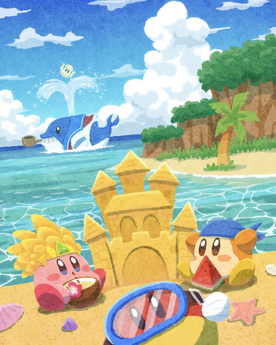 arms_up, bandana, bandana_waddle_dee, beach, blipper, blowhole, blue_bandana, blue_eyes, blue_sailor_collar, blue_sky, blush, brown_eyes, clouds, cloudy_sky, coconut, coconut_cup, commentary, copy_ability, crown, day, diving_mask, drink, drinking_straw, english_commentary, fatty_whale, flower, food, fruit, goggles, grin, highres, horizon, kirby, kirby_(series), light_blush, looking_at_viewer, miclot, neckerchief, no_humans, ocean, on_ground, outdoors, palm_tree, red_flower, red_neckerchief, sailor_collar, sand, sand_castle, sand_kirby, sand_sculpture, scenery, seashell, shell, sitting, sky, smile, smoking_pipe, squishy_(kirby), starfish, teeth, tree, water, watermelon, watermelon_slice, whale