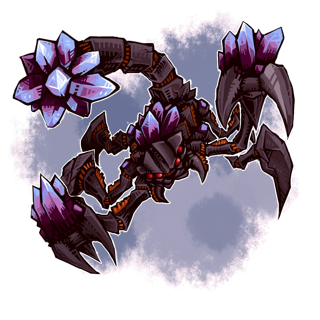 akura_vashimu, carapace, crystal, extra_eyes, full_body, hebereke_(vector518), monster, monster_hunter_(series), multiple_legs, no_humans, red_eyes, scorpion, tail