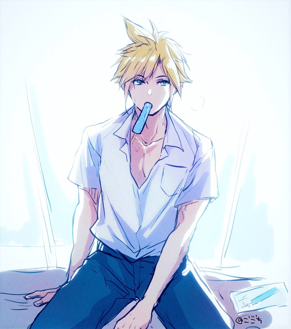 1boy, alternate_costume, blonde_hair, blue_eyes, blue_pants, casual, cloud_strife, collarbone