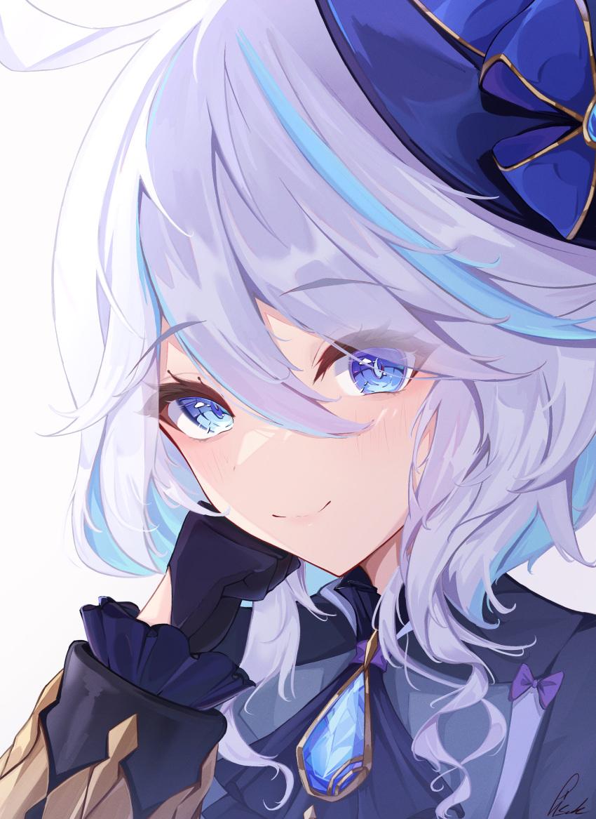 1girl, absurdres, ascot, black_gloves, blue_eyes, blue_gemstone, blue_headwear, blue_jacket