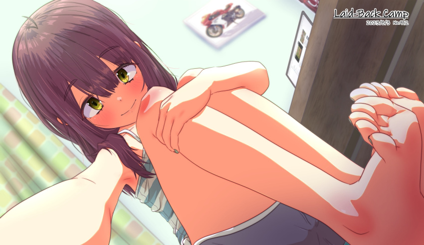 1girl, barefoot, brown_hair, camisole, dutch_angle, feet, green_eyes, indoors, jagi_(jagi_souken), knees_up, long_hair, looking_at_viewer, selfie, short_shorts, shorts, smile, solo, striped_camisole, toes, toki_ayano, yurucamp