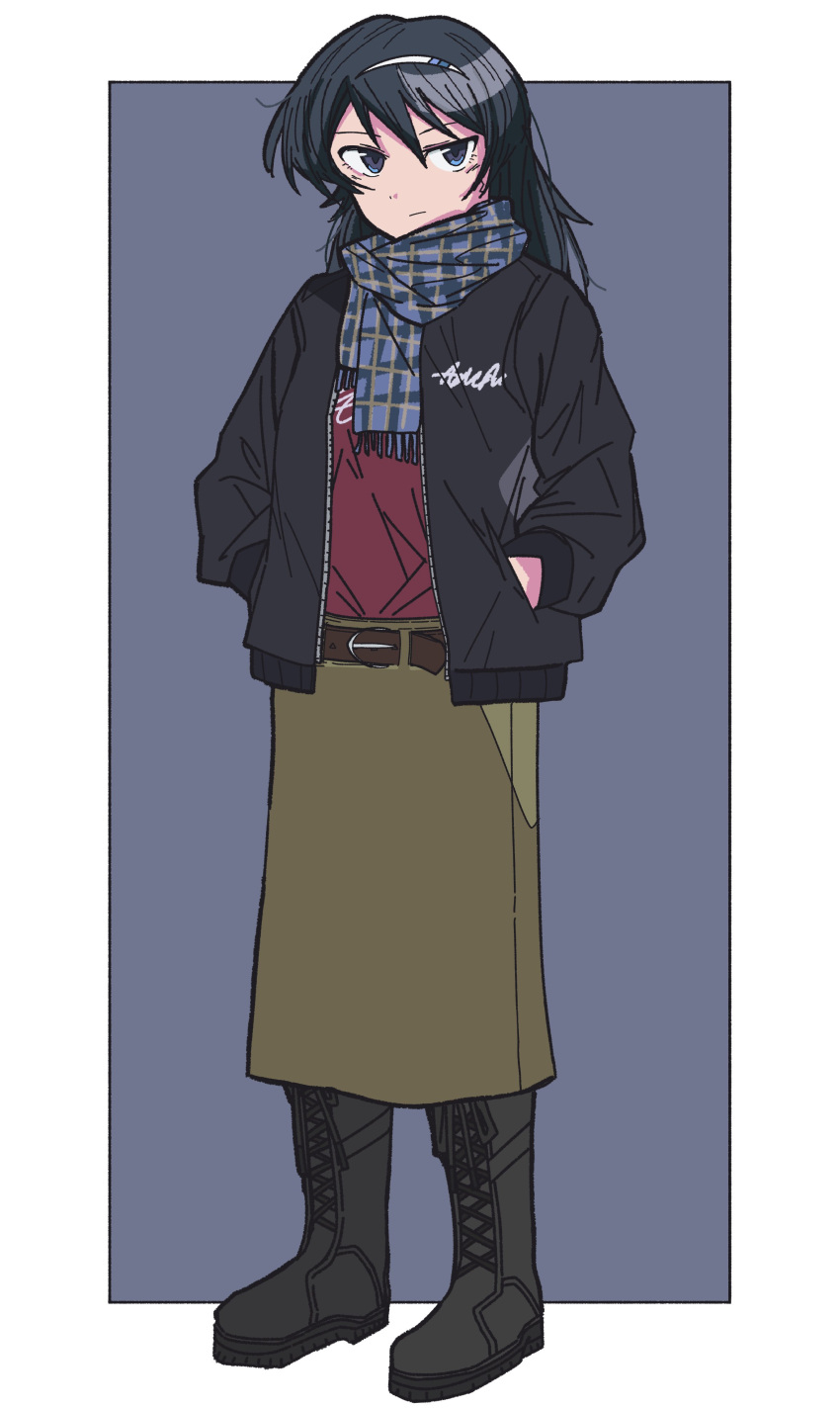 1girl, :/, absurdres, alternate_costume, belt, belt_buckle, belted_skirt, black_footwear