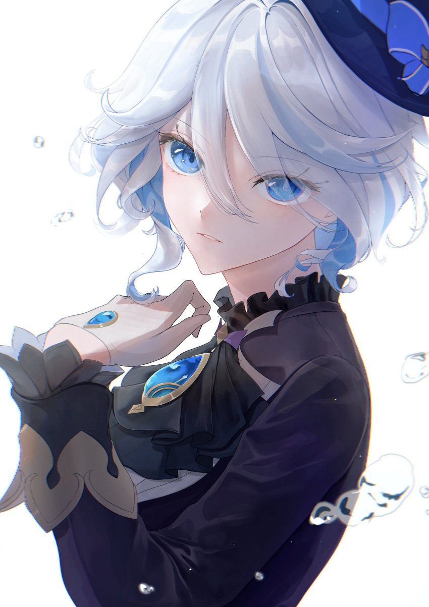 1girl, absurdres, arano0910, ascot, black_ascot, black_jacket, blue_eyes, blue_gemstone