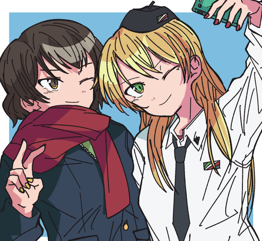 2girls, absurdres, alternate_costume, anzio_(emblem), anzio_school_uniform, black_necktie, blonde_hair, blue_background, border, brown_hair, caesar_(girls_und_panzer), carpaccio_(girls_und_panzer), desuwadesun0, dress_shirt, emblem, garrison_cap, girls_und_panzer, green_eyes, green_shirt, hat, highres, long_hair, multiple_girls, nail_polish, necktie, one_eye_closed, ooarai_military_uniform, red_nails, red_scarf, red_shirt, scarf, school_uniform, selfie, shirt, short_hair, simple_background, smile, tilted_headwear, undershirt, v, white_border, white_shirt, yellow_nails