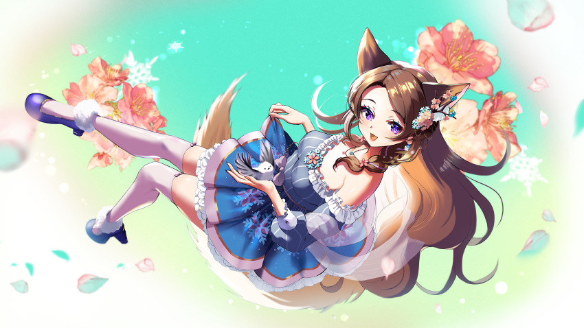 1girl, animal, animal_ear_fluff, animal_ears, bird, blue_dress, blue_footwear, bow_legwear