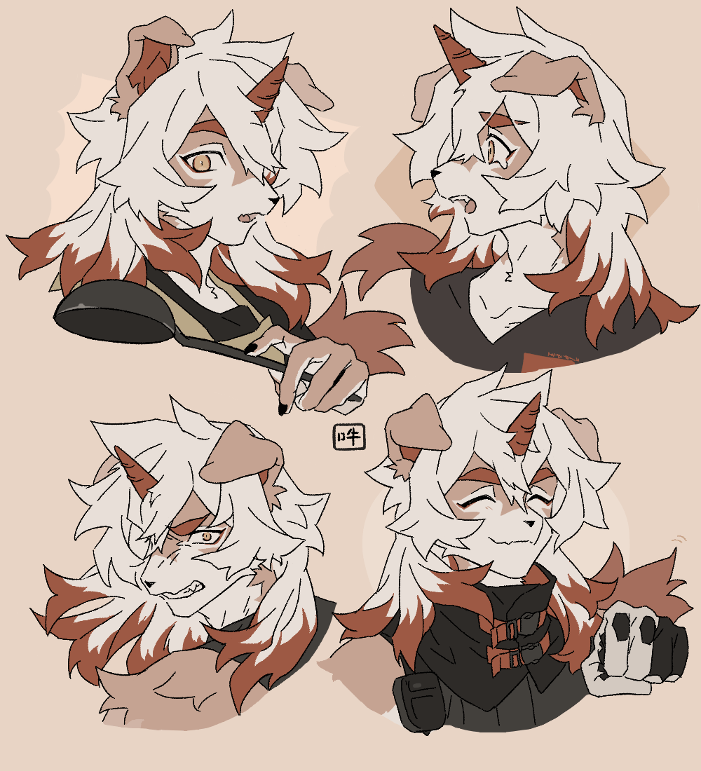 1boy, angry, animal_ears, apron, arknights, black_gloves, black_jacket, black_nails