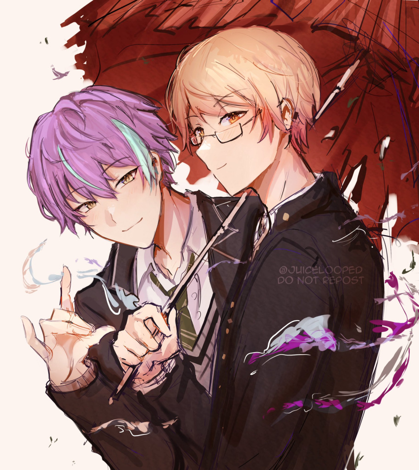 2boys, bespectacled, blonde_hair, blue_hair, closed_mouth, collared_shirt, diagonal-striped_necktie, fox_shadow_puppet