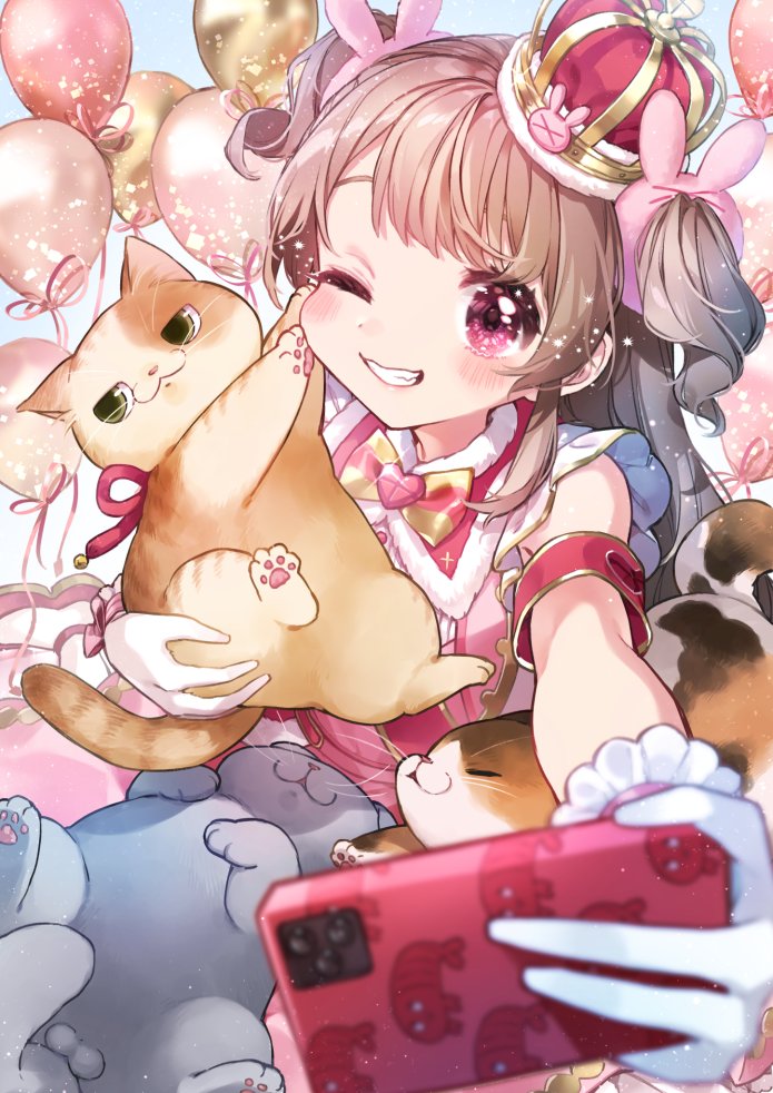 1girl, animal, armband, balloon, blush, bow, cat, cat_testicles, cellphone, dress, gloves, green_eyes, grin, hair_ornament, heart, holding, holding_phone, kurihara_sakura, light_brown_hair, long_hair, looking_at_viewer, natori_sana, one_eye_closed, phone, pink_dress, rabbit_hair_ornament, sana_channel, selfie, smartphone, smile, solo, two_side_up, virtual_youtuber, white_gloves