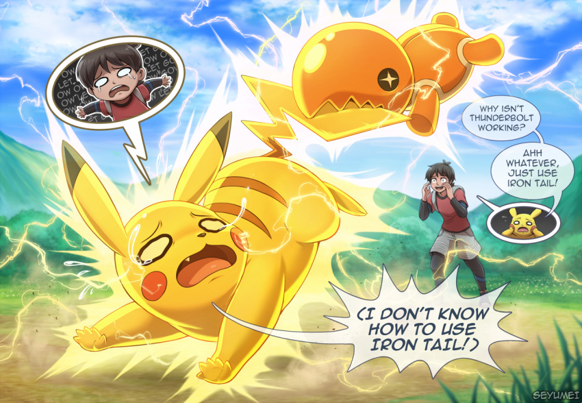 1boy, backpack, bag, biting, blue_sky, body_switch, brown_hair, clouds, electricity, english_text, full_body, grass, grey_shorts, open_mouth, outdoors, personality_switch, pikachu, pokemon, pokemon_(creature), red_shirt, seyumei, shirt, short_hair, short_sleeves, shorts, sky, speech_bubble, tail, tail_biting, teeth, trapinch, upper_teeth_only