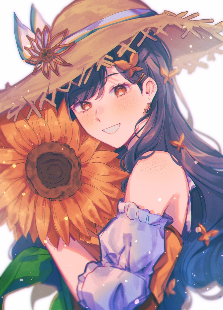 1girl, absurdres, bare_shoulders, black_hair, blue_hair, butterfly_hair_ornament, commentary, earrings