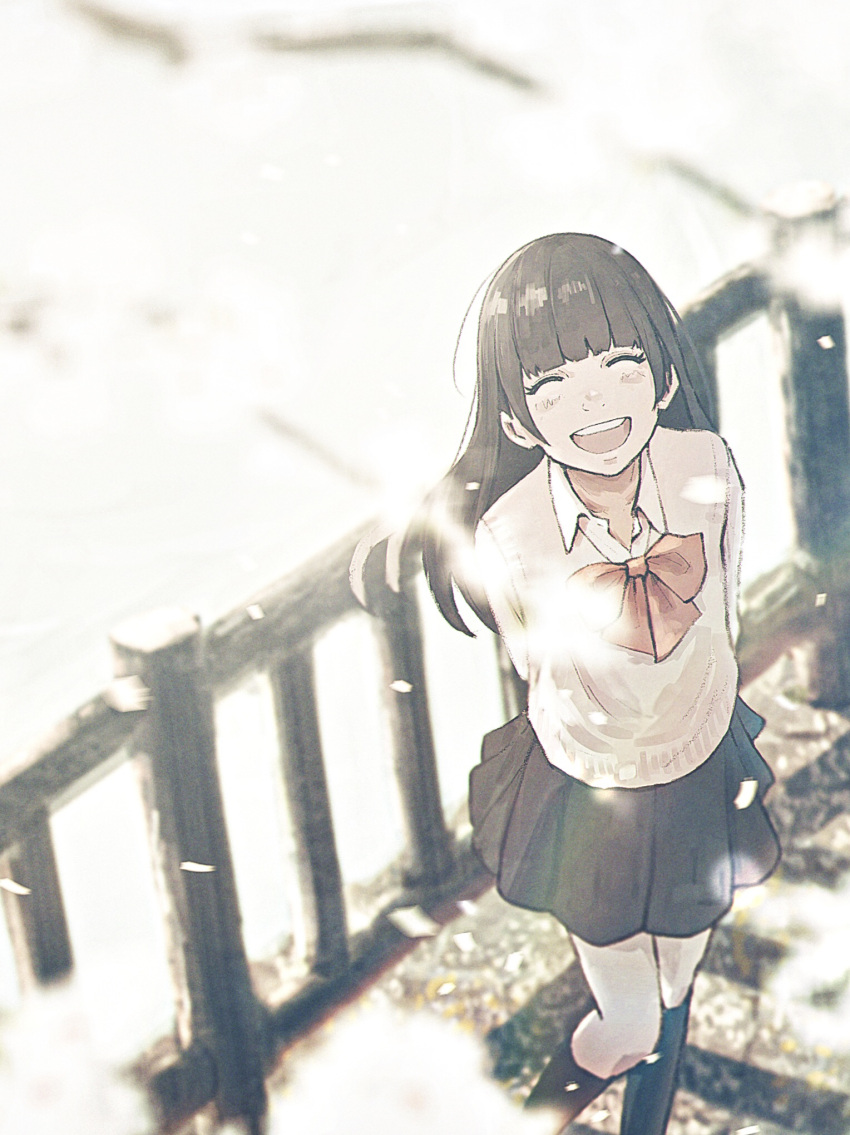 1girl, :d, arms_behind_back, black_skirt, black_socks, blunt_bangs, blush, bow