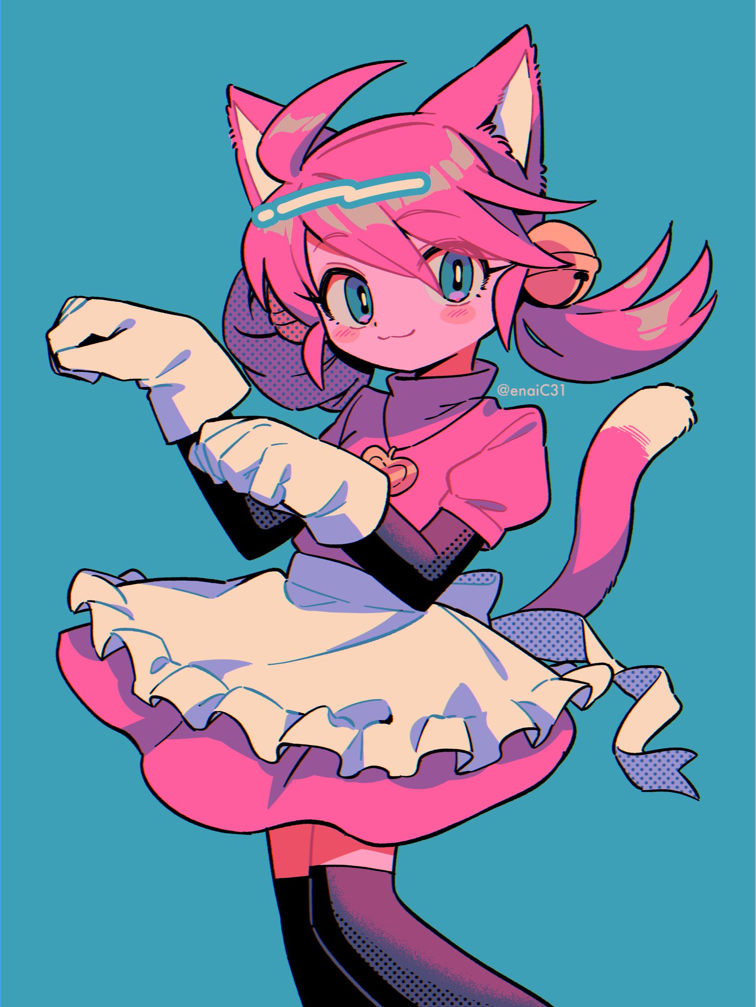 1girl, :3, ahoge, animal_ears, apron, bell, black_sleeves, black_thighhighs