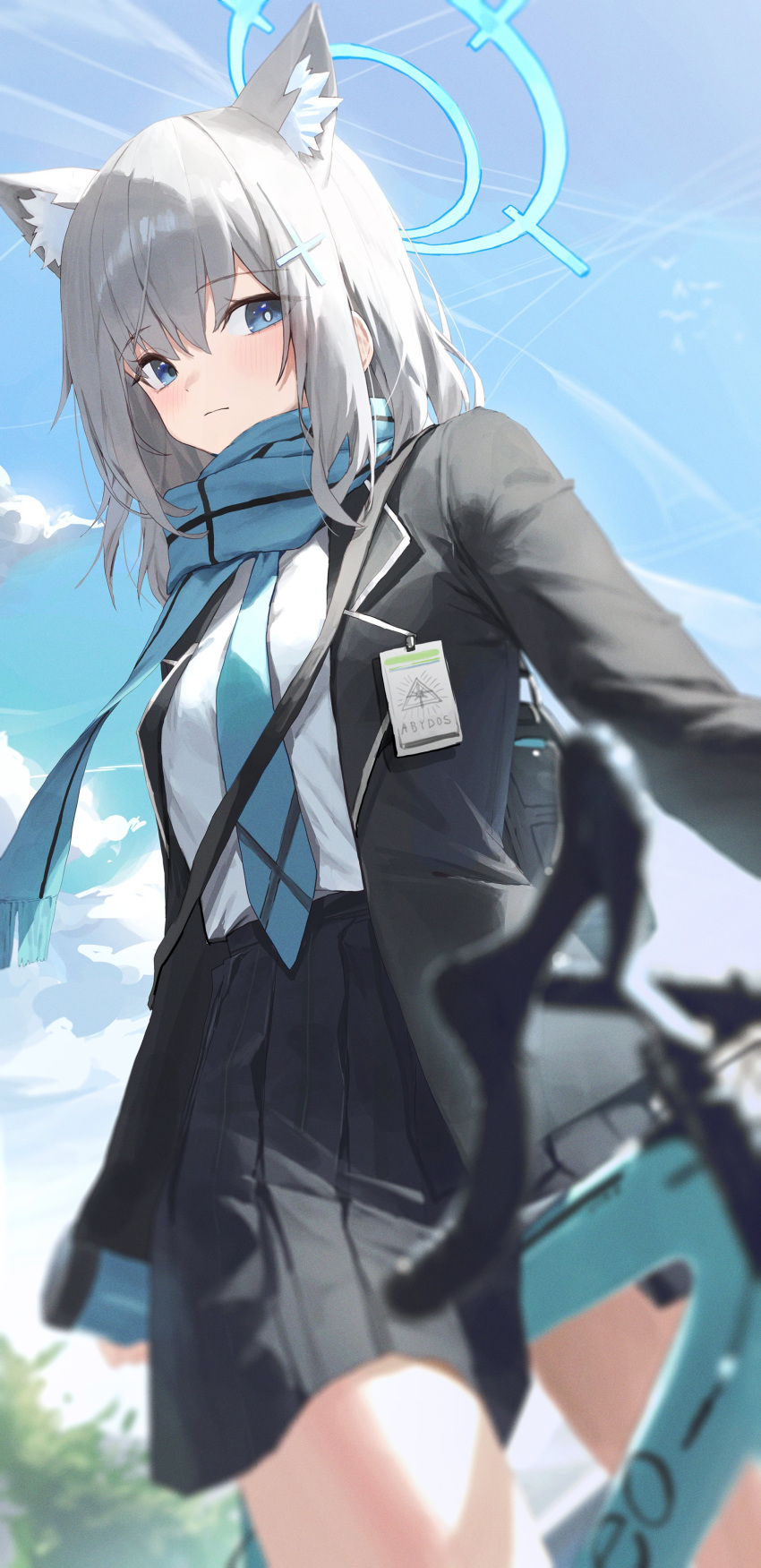 1girl, absurdres, animal_ear_fluff, animal_ears, aqua_necktie, aqua_scarf, bicycle, black_jacket