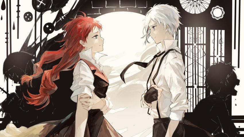 1boy, 1girl, black_dress, black_gloves, black_necktie, black_pants, blue_eyes, bungou_stray_dogs