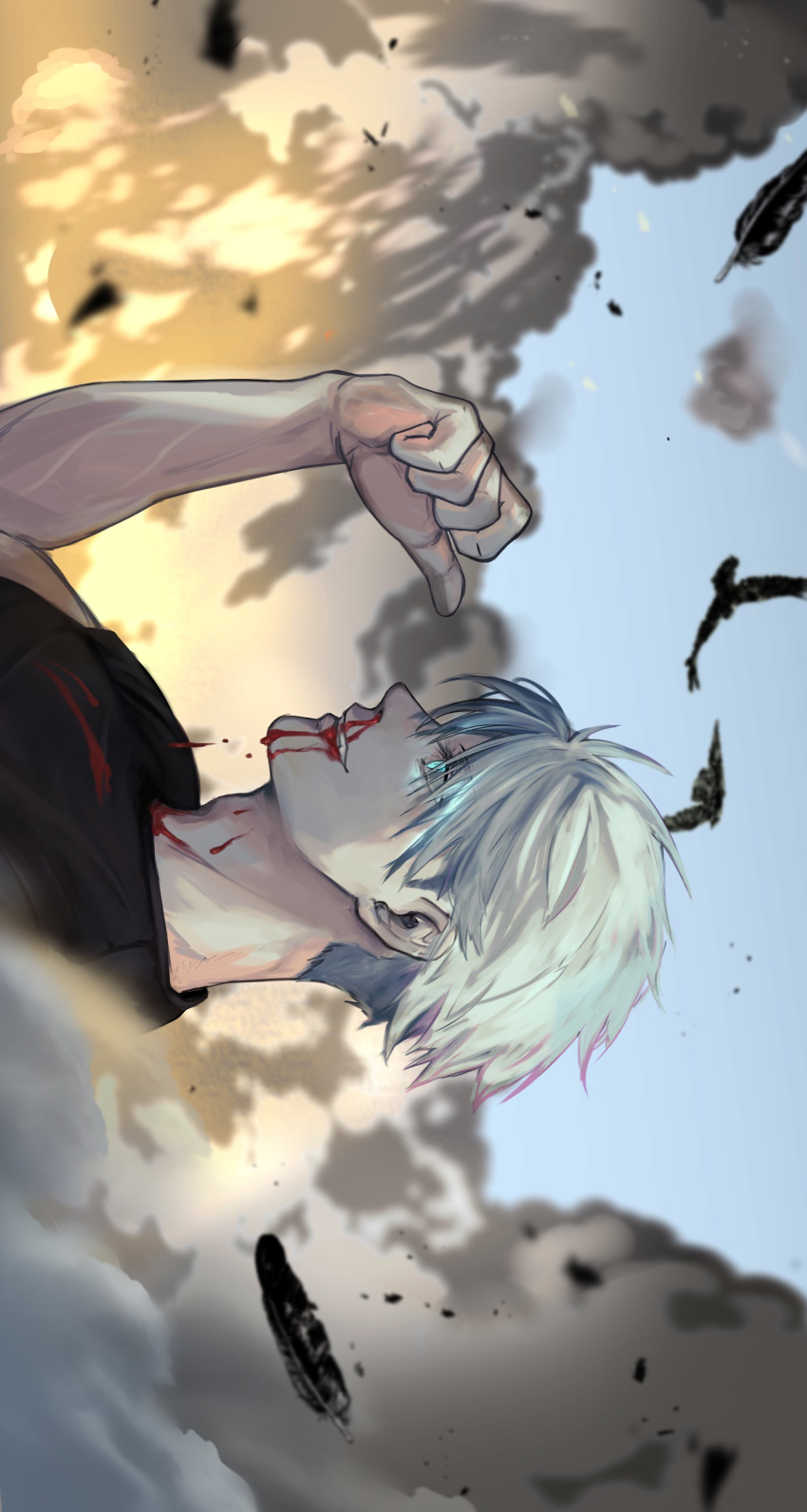 1boy, absurdres, black_feathers, black_shirt, blood, blue_eyes, falling_feathers, feathers