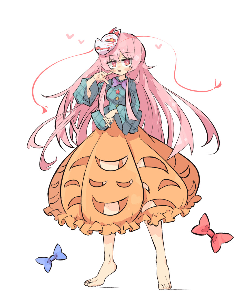 1girl, barefoot, blue_bow, blue_shirt, bow, cheek_poking, commentary, feet