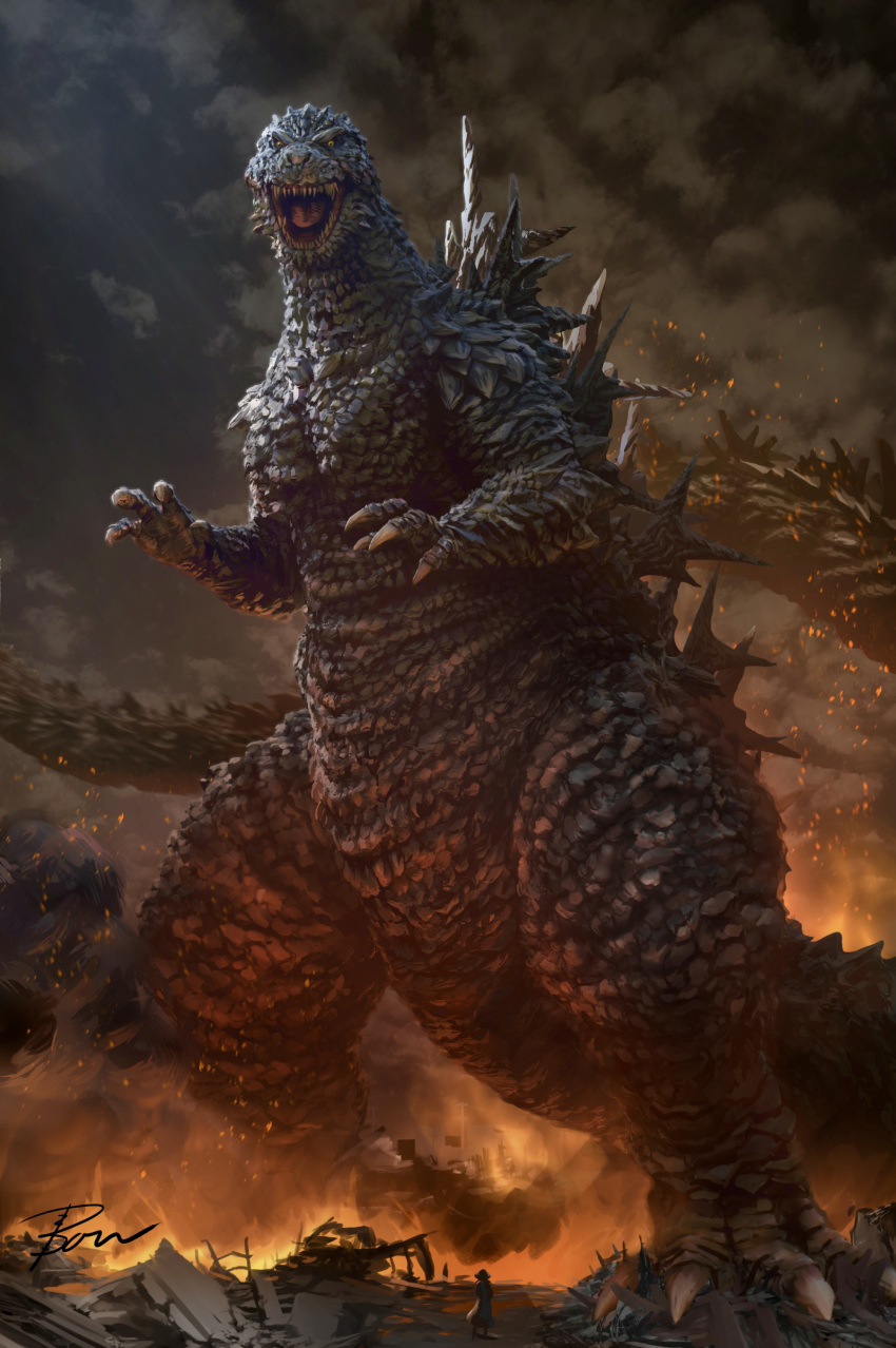 absurdres, black_scales, claws, commentary_request, fire, giant, giant_monster, godzilla, godzilla_(series), hanekura_bou, highres, kaijuu, monster, open_mouth, ruins, sharp_teeth, spikes, spines, standing, tail, teeth, very_long_tail