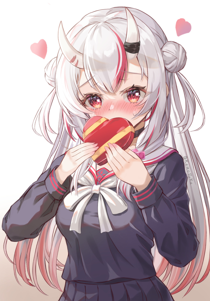 1girl, black_choker, black_shirt, black_skirt, blush, box, choker, covering_mouth, double_bun, grey_hair, hair_bun, heart, heart-shaped_box, highres, hololive, horns, keesuke_(kkosyoku), long_hair, multicolored_hair, nakiri_ayame, oni_horns, pink_hair, pleated_skirt, red_eyes, ribbon, sailor_collar, school_uniform, shirt, skirt, streaked_hair, sweat, twitter_username, valentine, virtual_youtuber, white_ribbon, white_sailor_collar