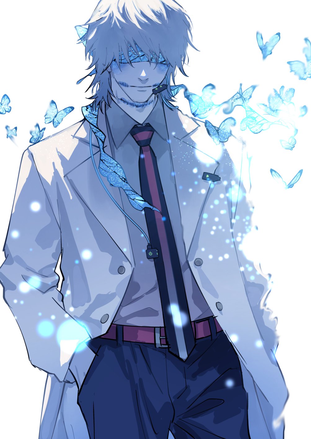 1boy, belt, belt_buckle, black_necktie, black_pants, blindfold, blue_blindfold, blue_butterfly, buckle, bug, butterfly, choppy_bangs, closed_mouth, coat, collared_shirt, cowboy_shot, earpiece, facing_viewer, grey_hair, grey_shirt, hands_in_pockets, highres, lab_coat, light_particles, male_focus, medium_hair, microphone, necktie, open_clothes, open_coat, original, otani_(gloria), pants, red_belt, shirt, simple_background, solo, stitched_mouth, stitched_neck, stitches, striped_necktie