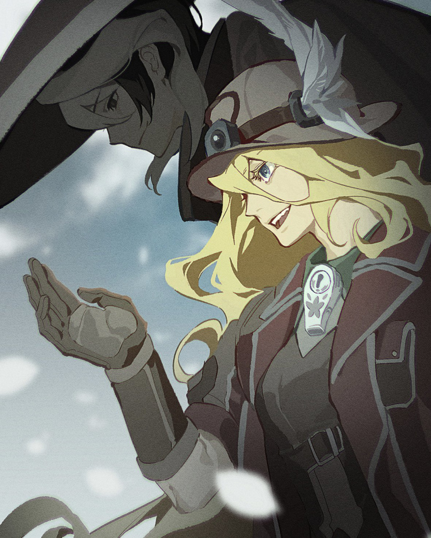 2girls, black_eyes, black_hair, blackhiro6, brown_gloves, brown_headwear, curly_hair, empty_eyes