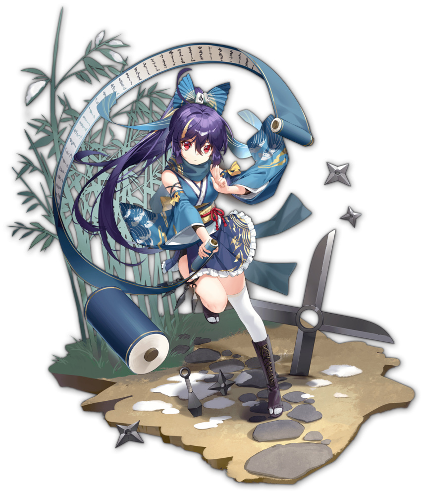 1girl, alternate_costume, artist_request, bamboo, blue_scarf, high_ponytail, highres, holding, holding_scroll, japanese_clothes, kunai, long_hair, mahjong, mahjong_soul, mahjong_tile, mahjong_tile_hair_ornament, multicolored_hair, official_art, purple_hair, ransei_(mahjong_soul), red_eyes, scarf, scroll, shuriken, socks, solo, standing, standing_on_one_leg, streaked_hair, tachi-e, transparent_background, weapon, white_socks