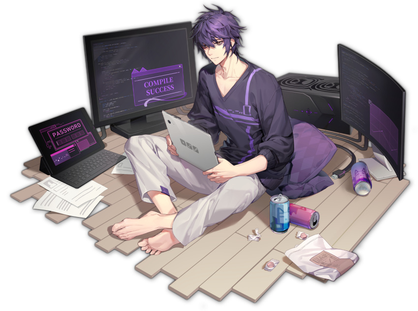 1boy, artist_request, barefoot, black_shirt, brown_eyes, can, crossed_legs, cushion