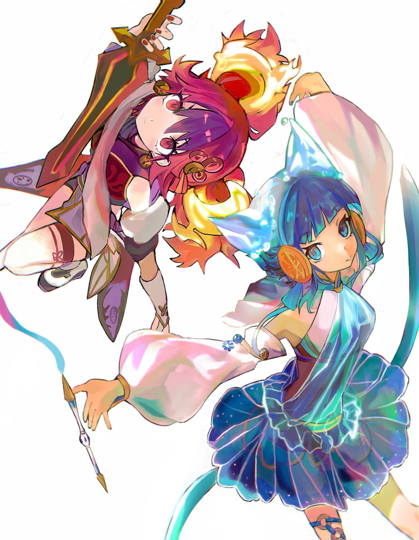 2girls, animal_ears, blue_hair, duel_monster, energy_tail, fanconi, ferret_ears, ferret_girl, fiery_ears, glowing_tail, ha-re_the_sword_mikanko, highres, jingle_bell_earrings, multiple_girls, ni-ni_the_mirror_mikanko, redhead, short_hair, smile, white_background, yu-gi-oh!