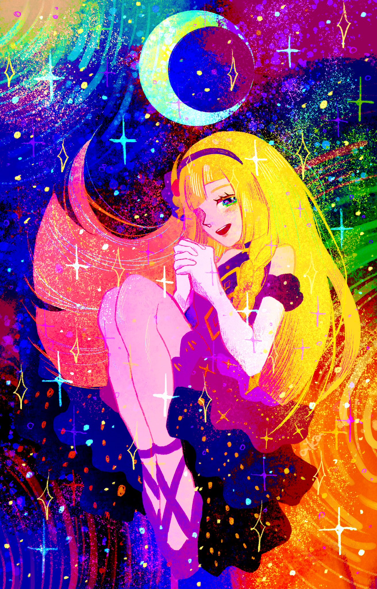 1girl, blonde_hair, blunt_ends, braid, crescent_moon, dress, elbow_gloves, full_body, gloves, green_eyes, headband, highres, knees_up, lillie_(anniversary_2021)_(pokemon), lillie_(pokemon), long_hair, looking_at_viewer, mary_janes, moon, open_mouth, otonoha_aika, own_hands_clasped, own_hands_together, pokemon, pokemon_(game), pokemon_masters_ex, print_dress, purple_dress, purple_footwear, purple_headband, rainbow_gradient, shoes, sky, sleeveless, sleeveless_dress, solo, star_(sky), starry_sky, twin_braids, white_gloves