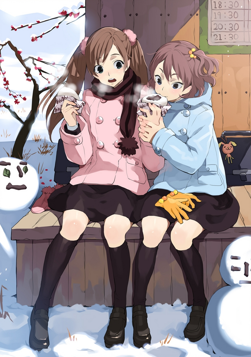 anman, anpan, bag, black_legwear, black_thighhighs, blue_eyes, brown_hair, coat