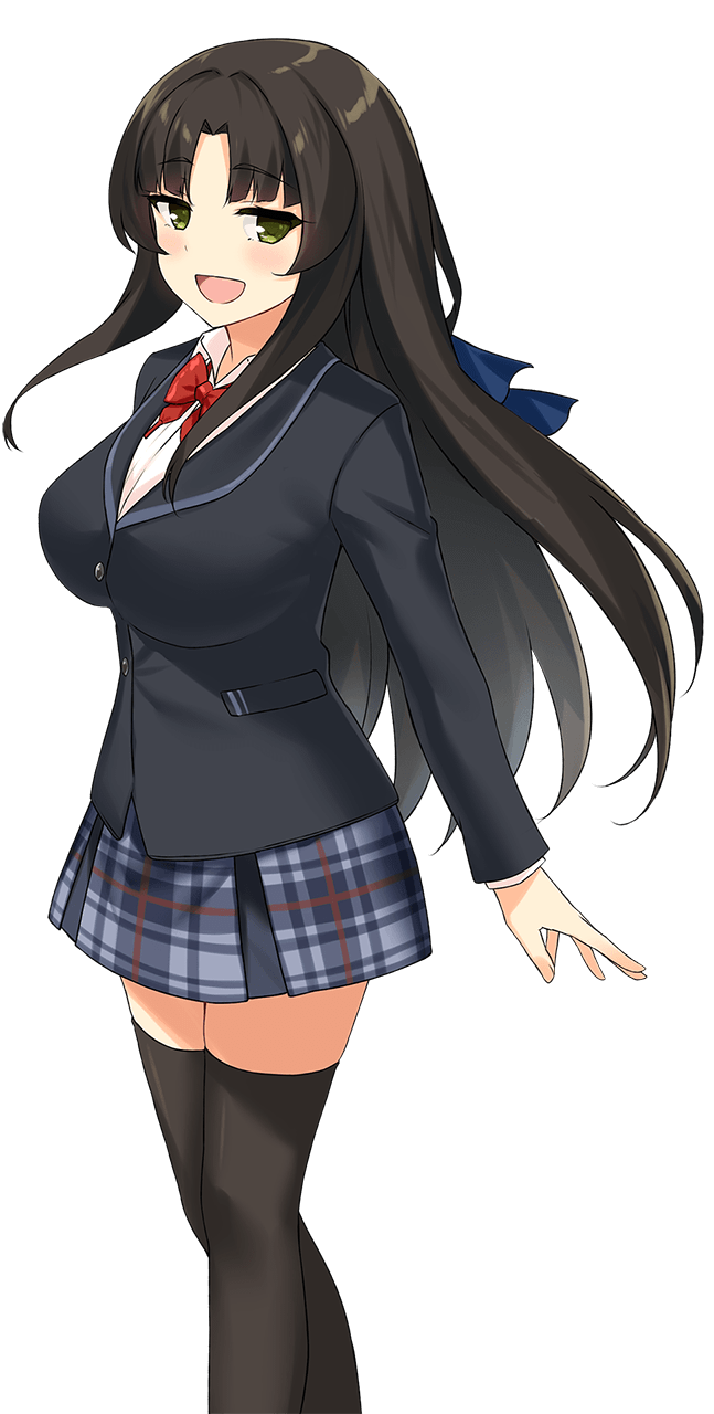 1girl, archived_source, black_skirt, breasts, green_eyes, highres, large_breasts, light_blush, long_hair, moe!_ninja_girls, moe!_ninja_girls_rpg, necktie, ntt_solmare, official_art, open_mouth, saion-ji_enju, school_uniform, skirt, tagme, thigh-highs, transparent_background, very_long_hair