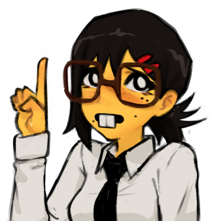 1girl, black_hair, black_necktie, buck_teeth, chainsaw_man, collared_shirt, colored_skin, glasses