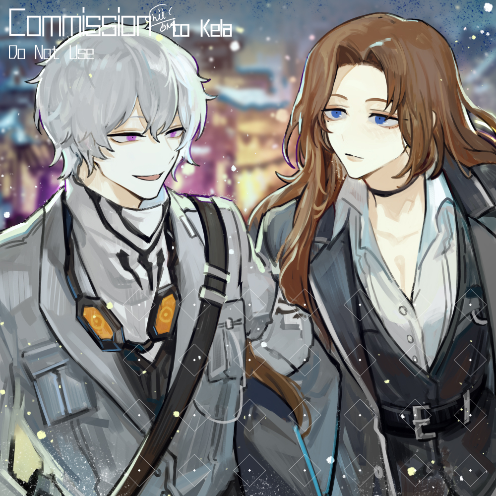 1boy, 1girl, ascot, belt, black_belt, black_coat, black_vest, blue_eyes
