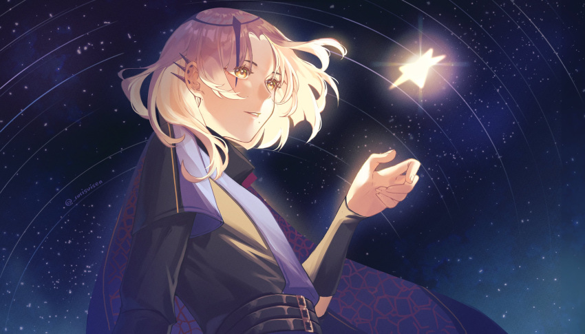 1boy, absurdres, belt, black_belt, black_shirt, blonde_hair, cape, commentary