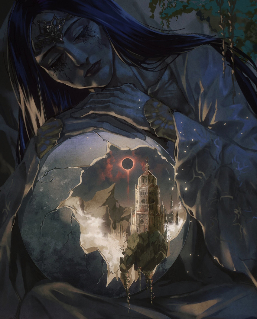 1girl, black_sun, black_tears, blue_hair, closed_eyes, cracked_egg, cracked_shell, dark_souls_(series)
